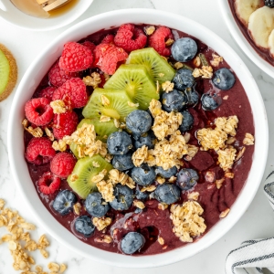 overhead shot of acai bowl with toppings