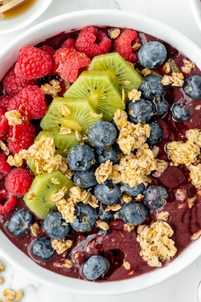 overhead shot of acai bowl with toppings