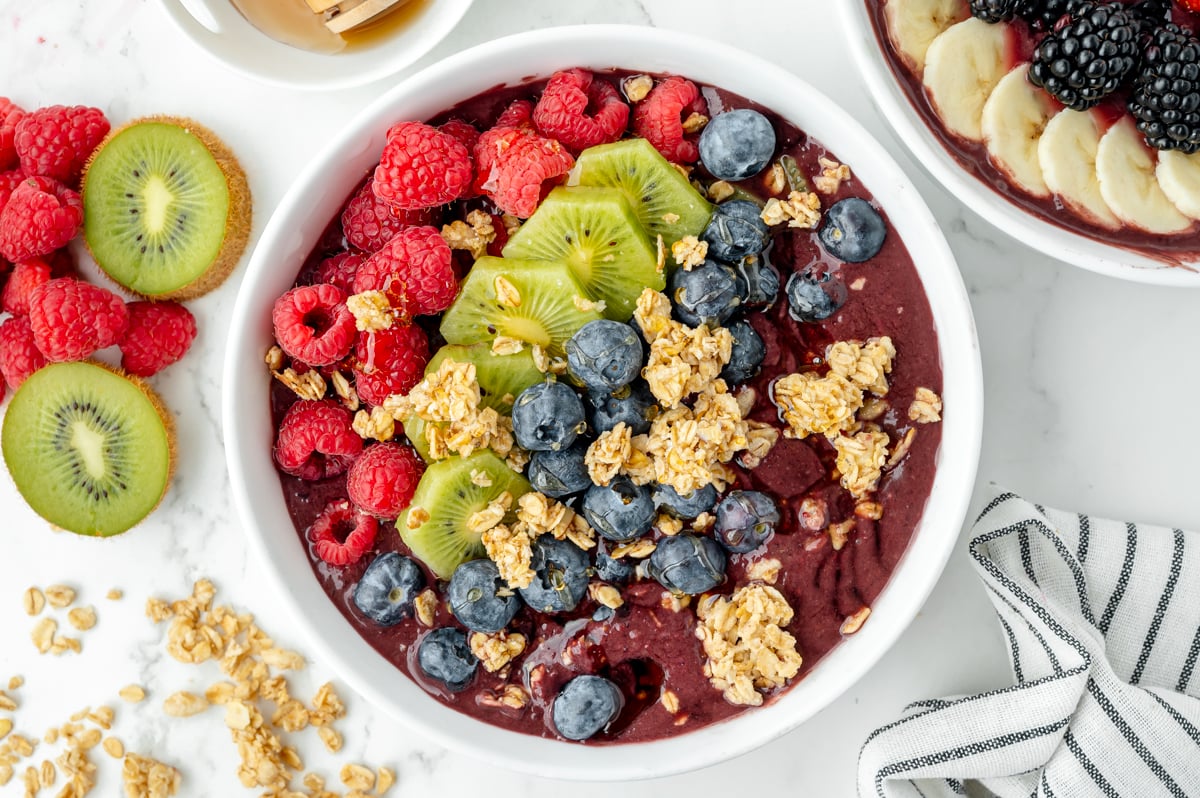 overhead shot of acai bowl with toppings