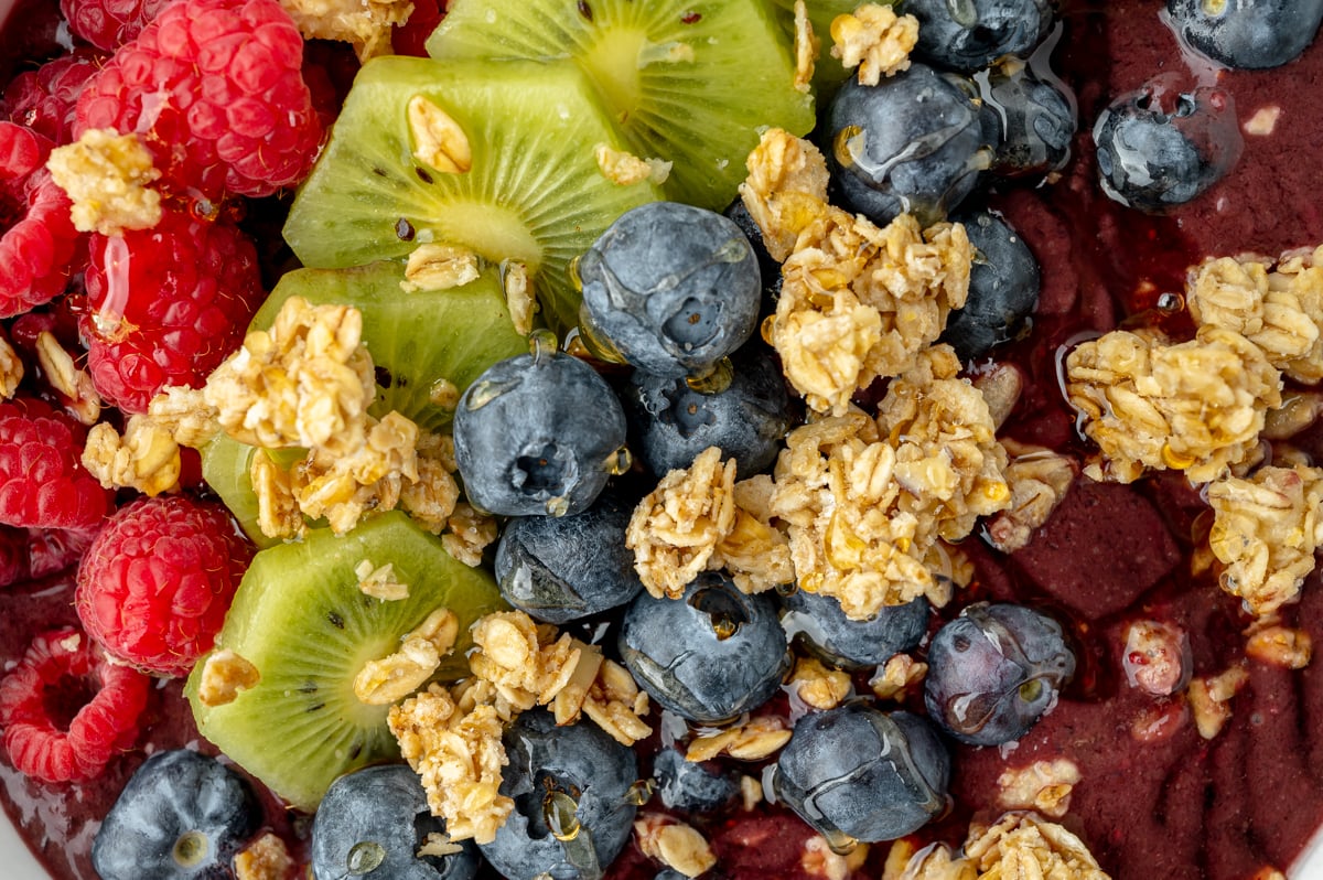 close up overhead shot of acai bowl toppings