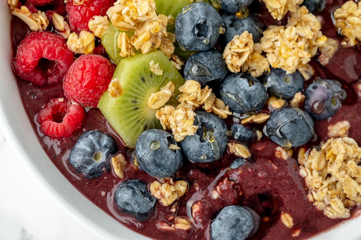 close up overhead shot of smoothie bowl toppings