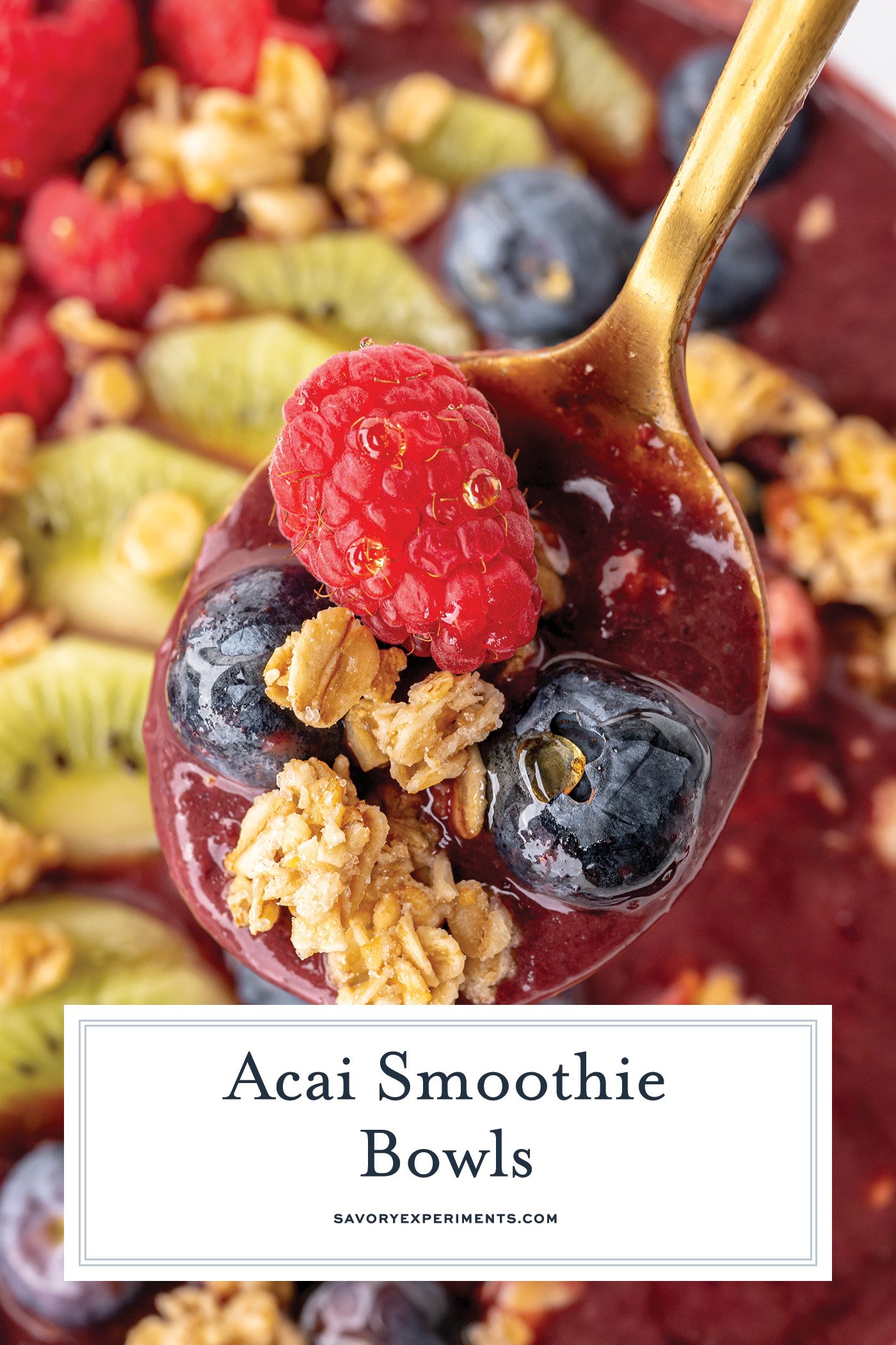 close up of spoon full of acai bowl with text overlay for pinterest