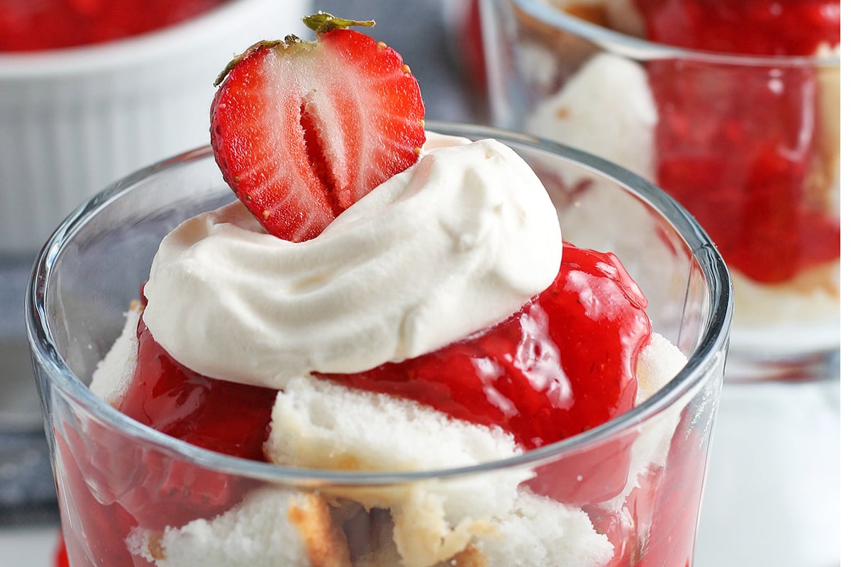 close up of top of mini strawberry trifle