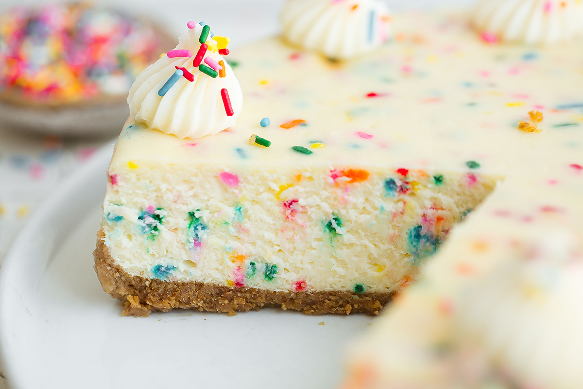 side angle view of a cheesecake with rainbow sprinkles