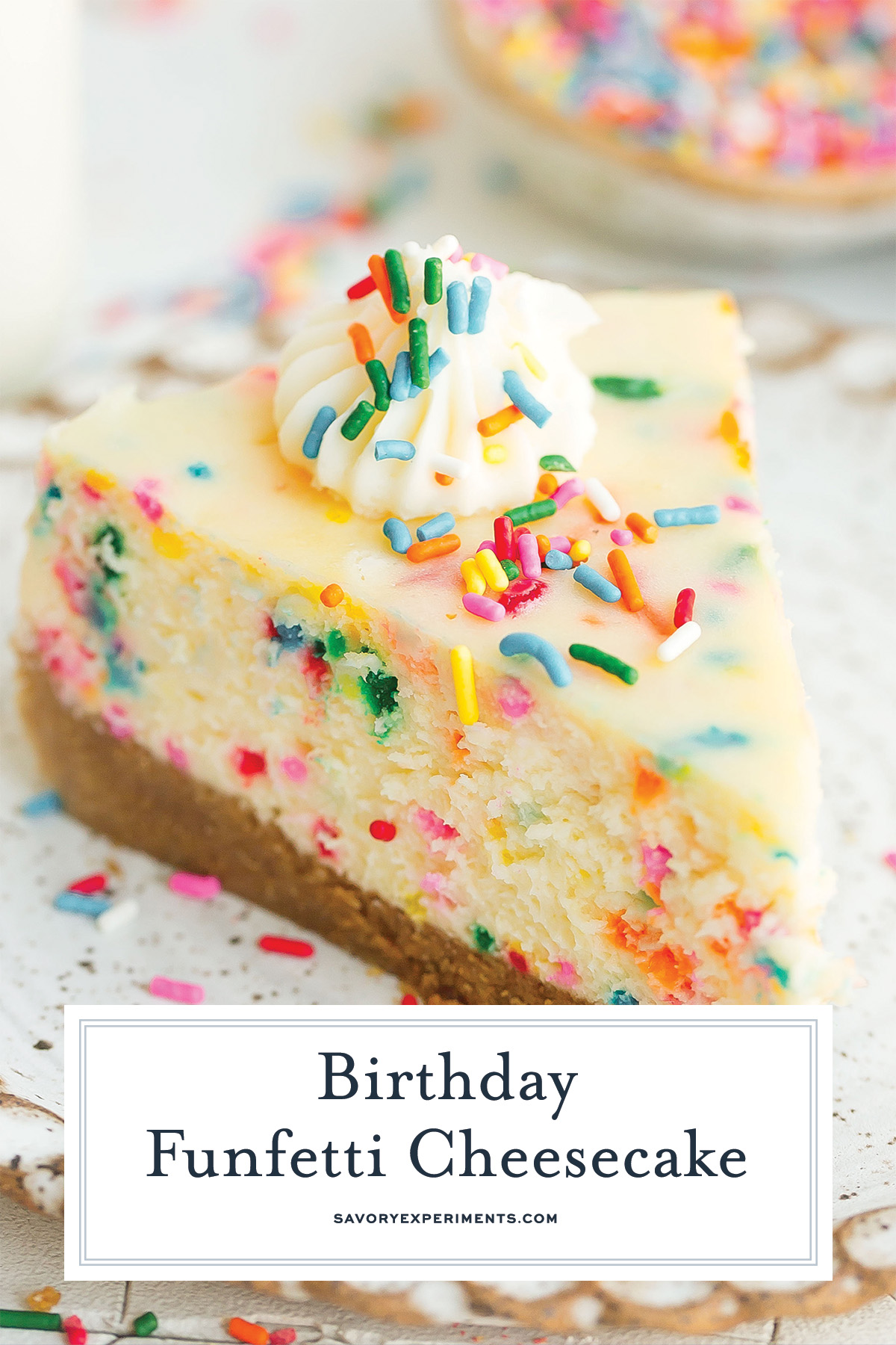 slice of birthday cheesecake with text overlay