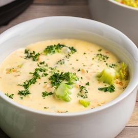 white bowl of creamy cheddar soup with broccoli