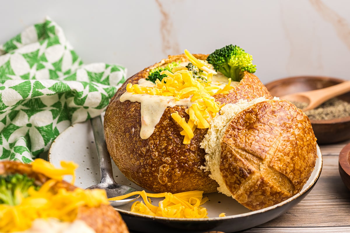 panera broccoli soup in a bread bowl