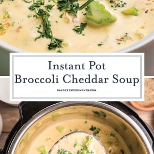 collage of broccoli cheddar soup with text overlay