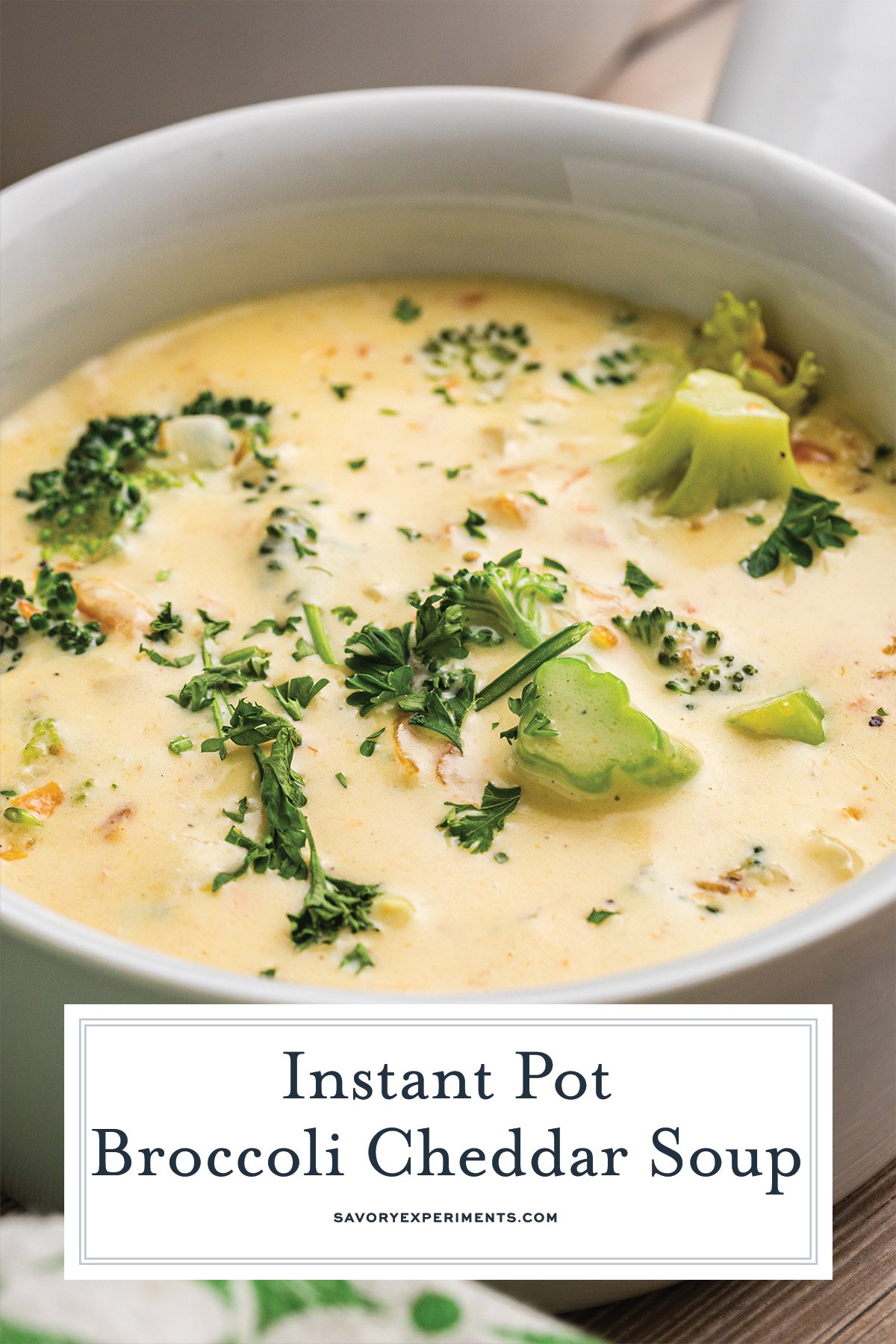 close up of broccoli cheddar soup in the instant pot
