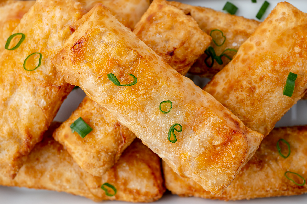 close up overhead shot of buffalo chicken egg rolls