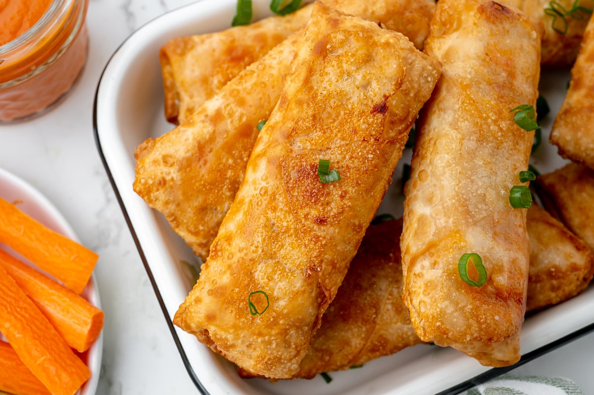 angled shot of buffalo chicken egg rolls