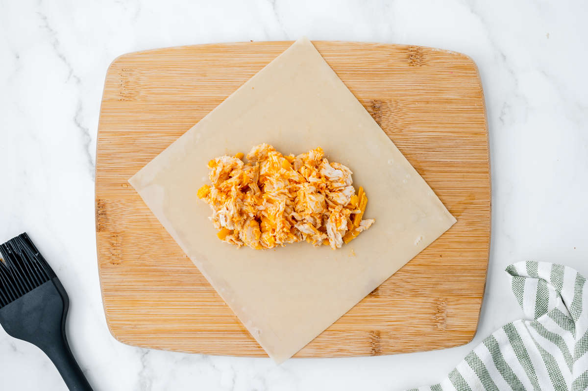 buffalo chicken filling on egg roll wrapper