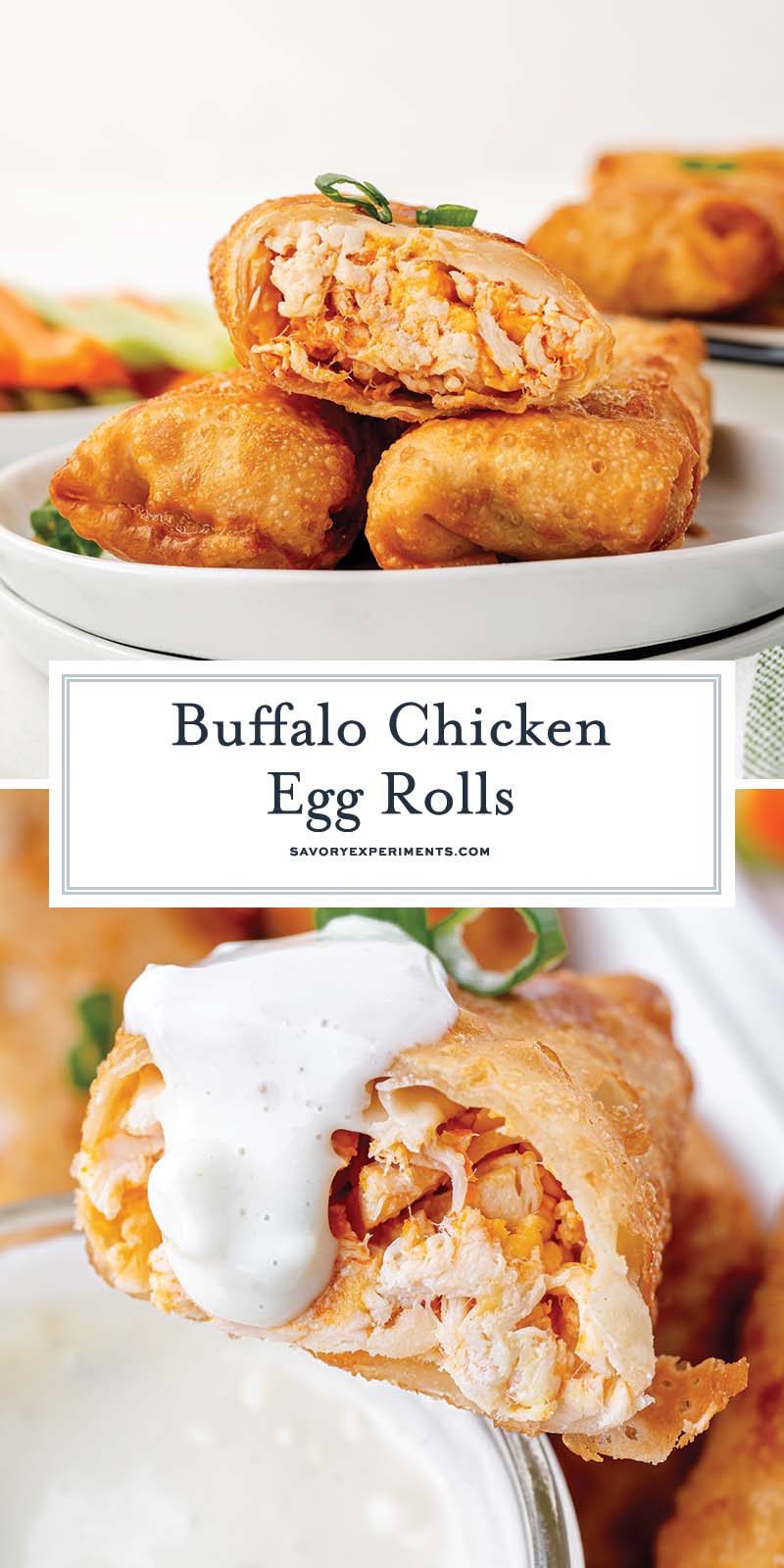 collage of buffalo chicken egg rolls for pinterest