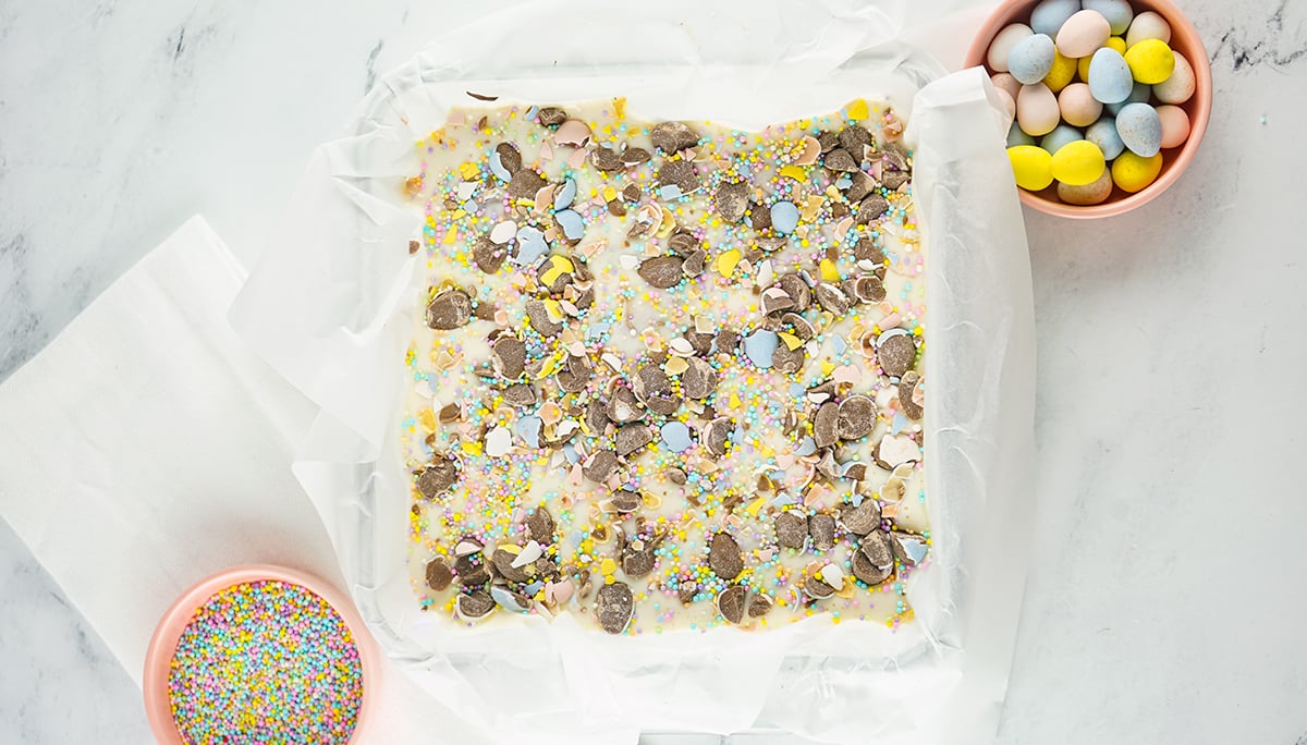 overhead shot of cadbury egg fudge in pan