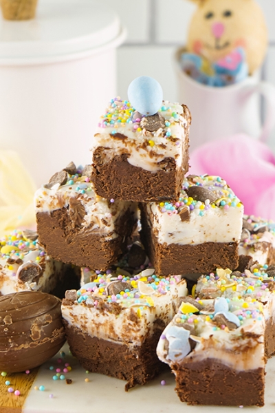 stack of cadbury egg fudge squares