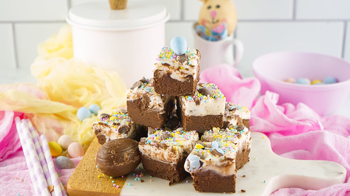 stack of cadbury egg fudge squares