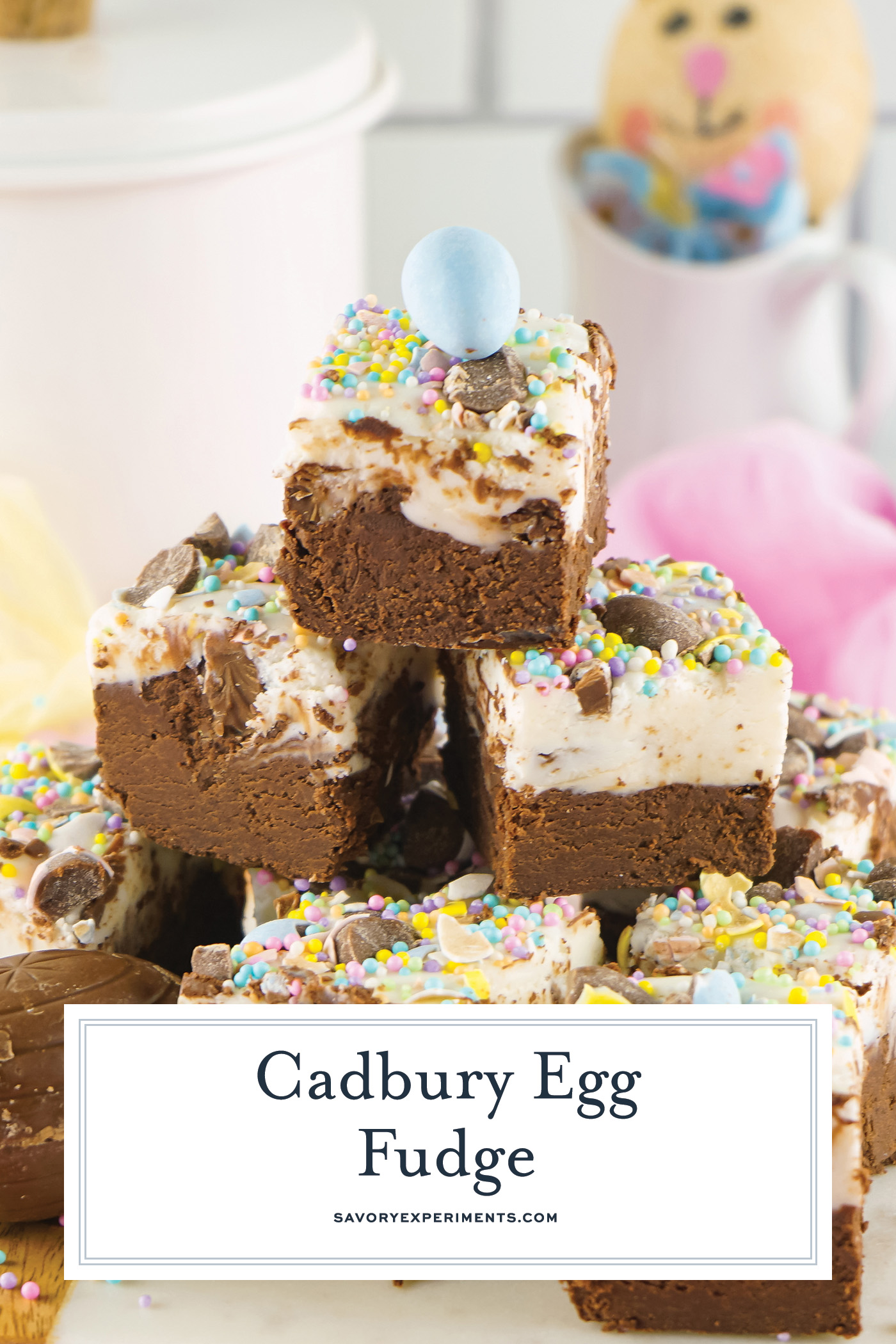 stack of cadbury egg fudge with text overlay