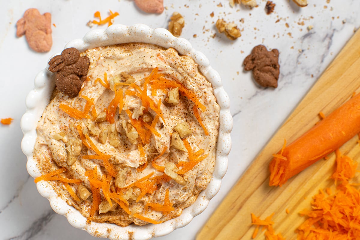 close up overhead shot of carrot cake dip