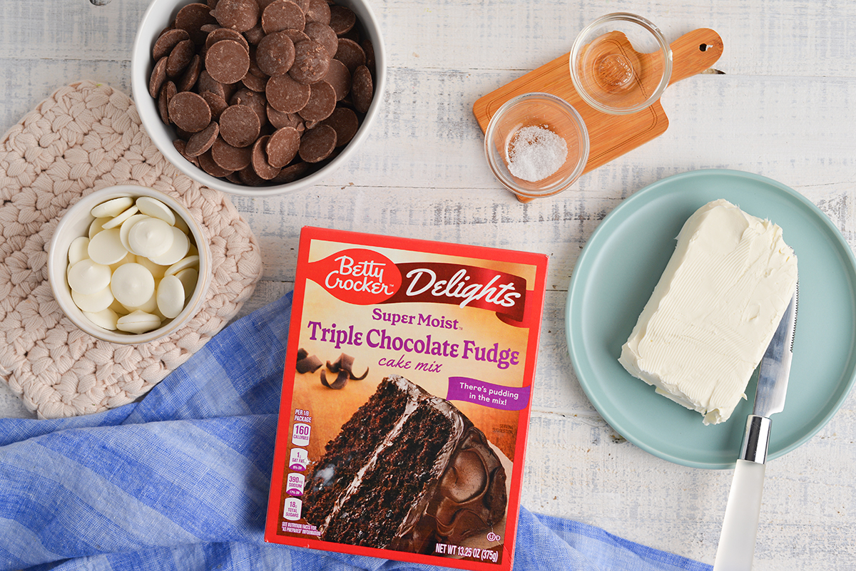 overhead shot of chocolate cheesecake ingredients