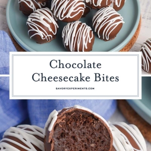 collage of chocolate cheesecake bites for pinterest