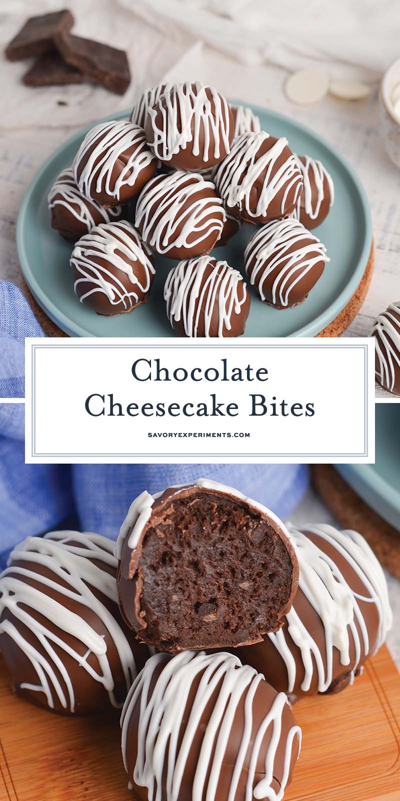 collage of chocolate cheesecake bites for pinterest