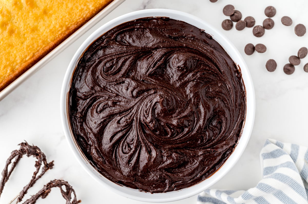 close up of fudge frosting in a white bowl