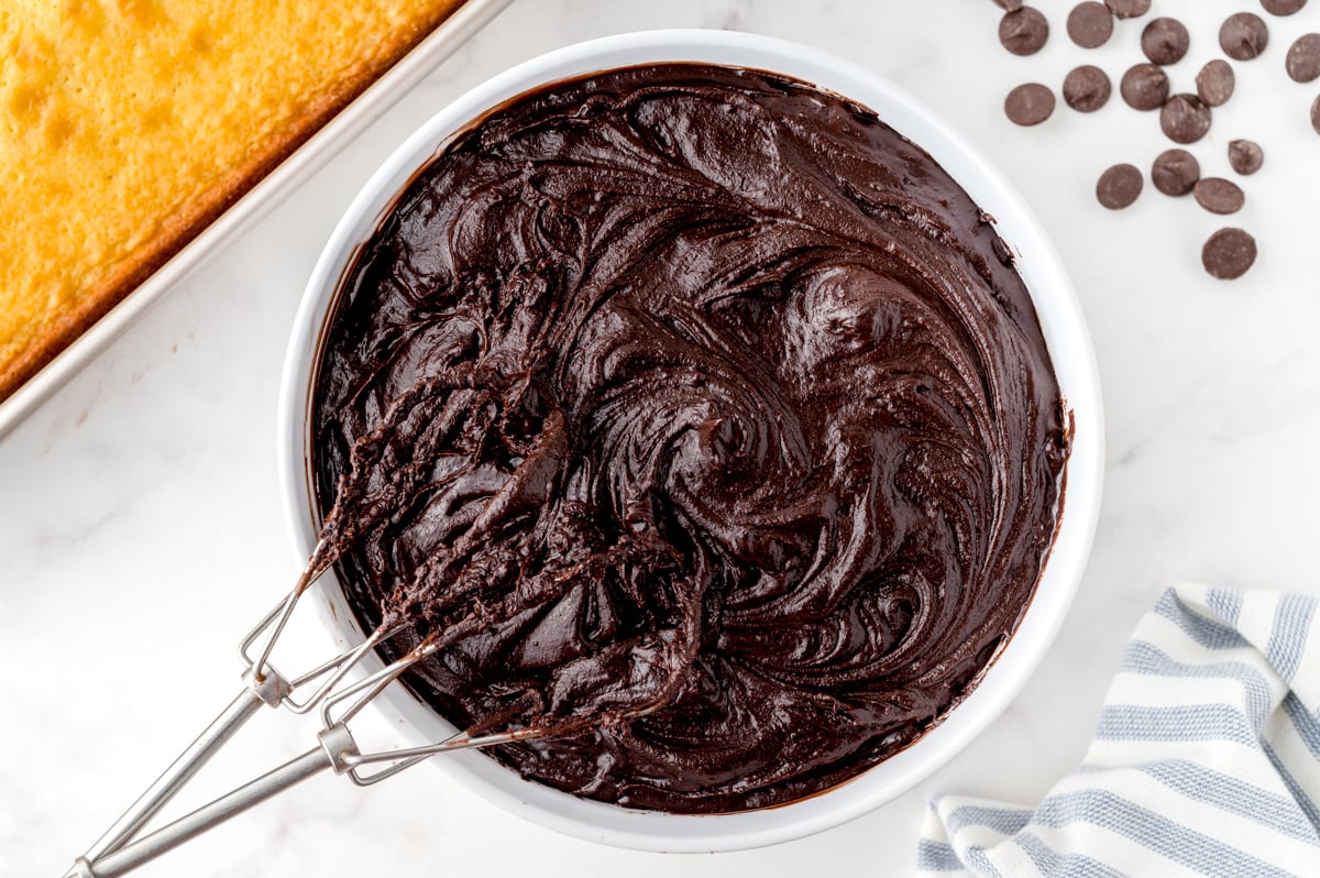 beaters in a bowl of chocolate frosting