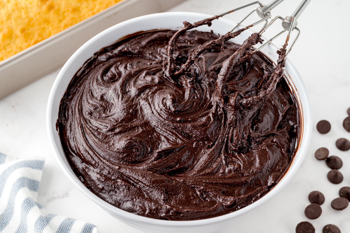 angled view of chocolate fudge frosting