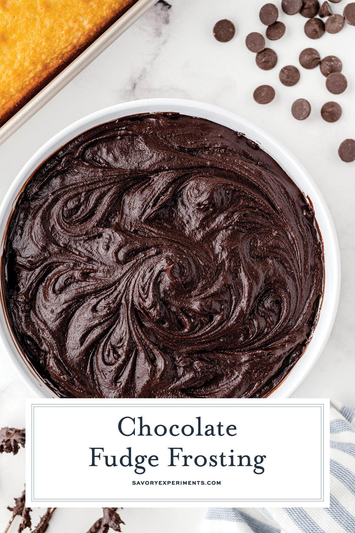 close up overhead bowl of chocolate fudge frosting