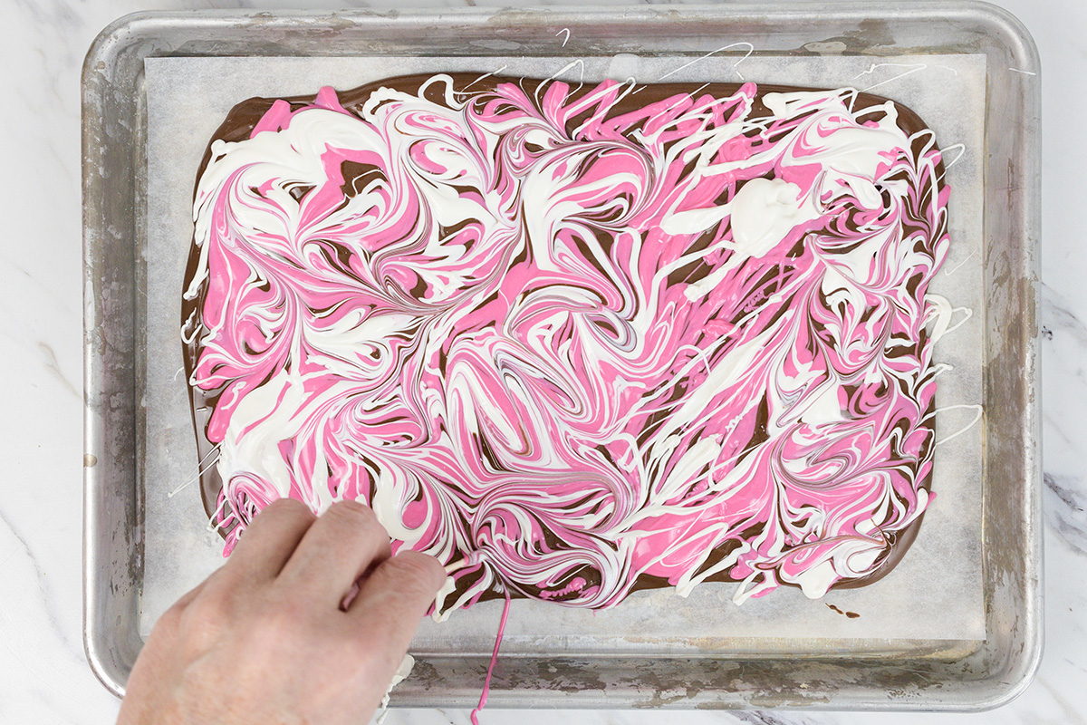 chocolate swirled on sheet pan