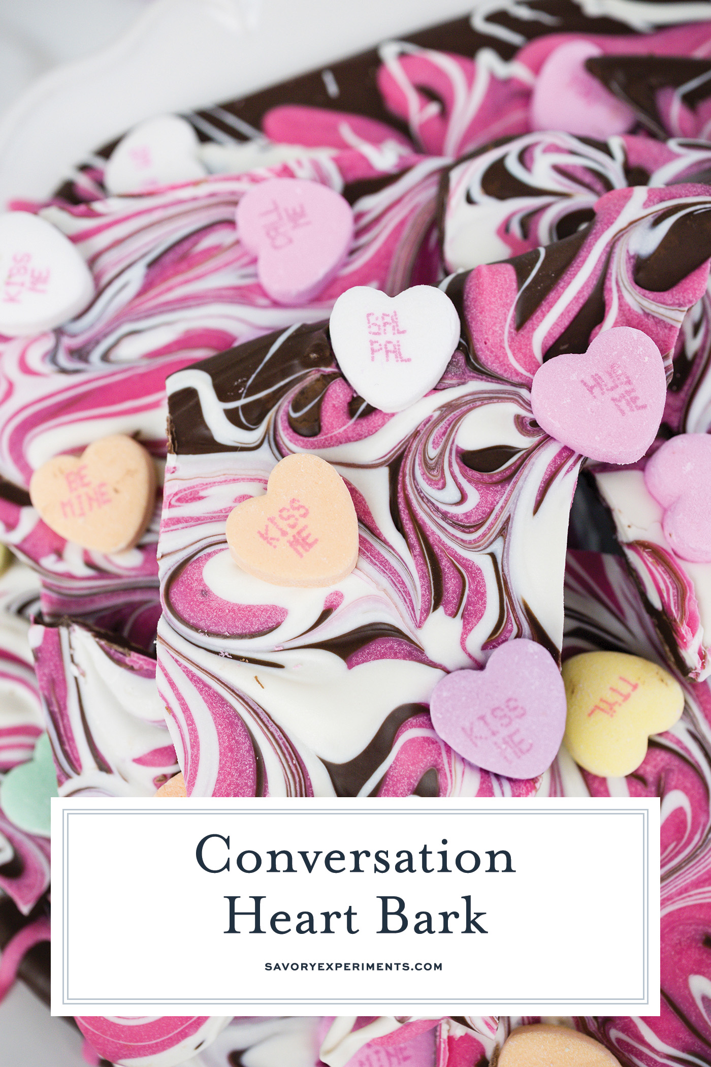 close up of conversation heart bark with text overlay for pinterest