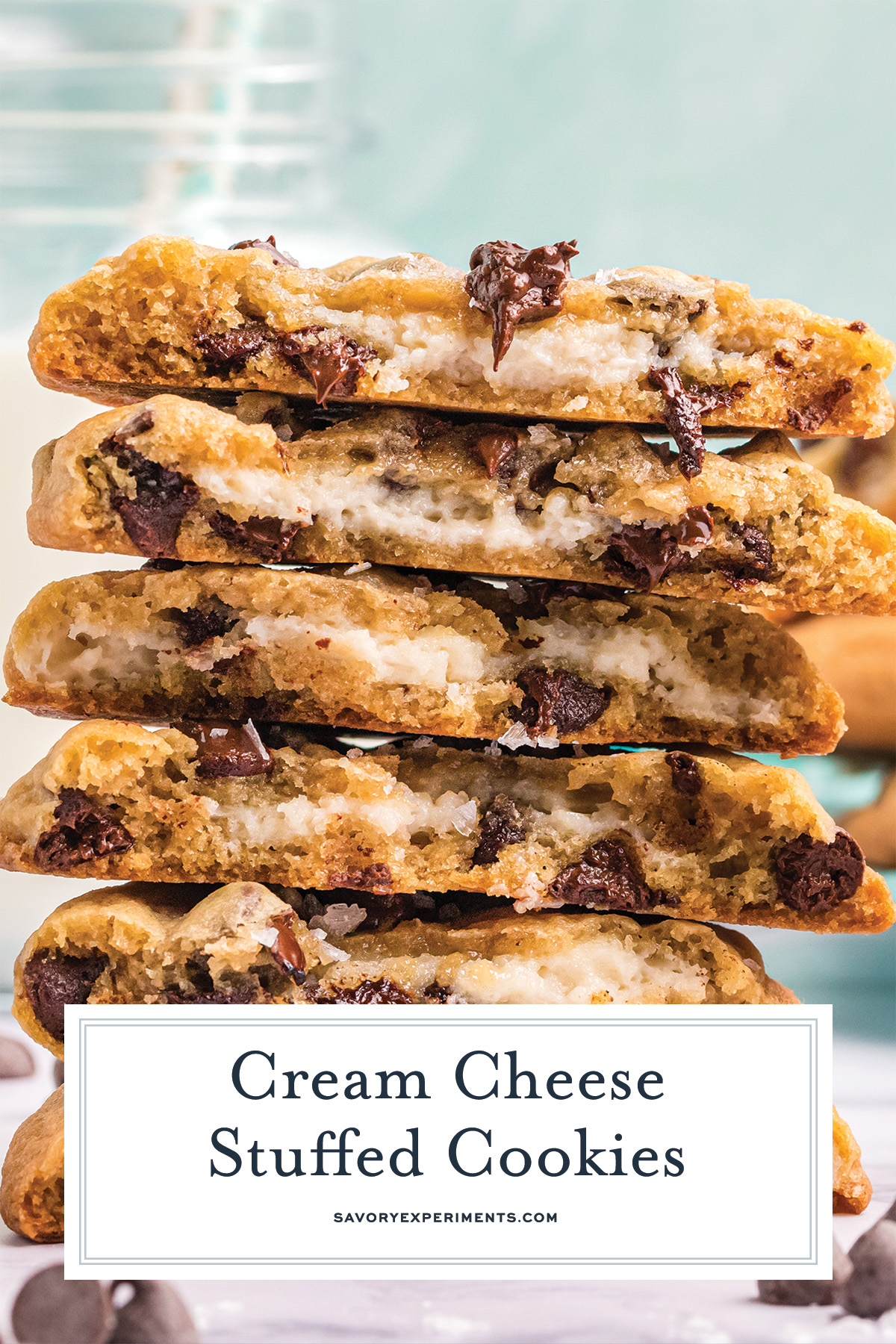 stack of cream cheese stuffed cookies with a text overlay