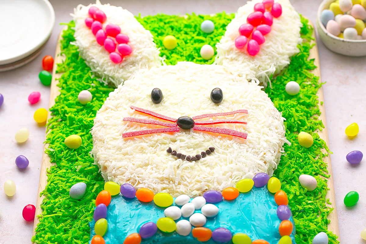 angled shot of easter bunny cake