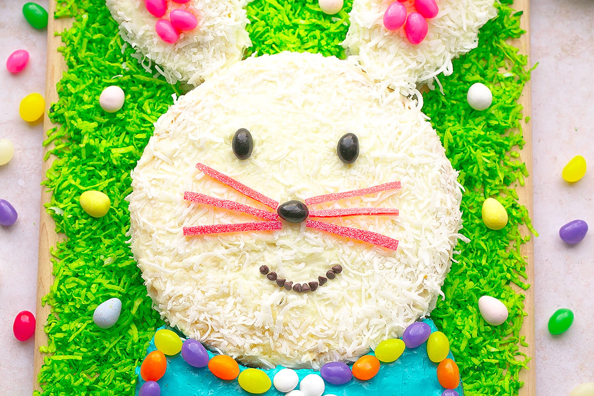 overhead shot of easter bunny cake