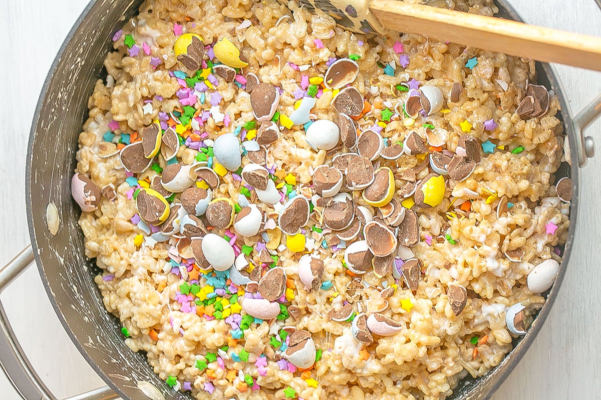 easter rice krispie treats ingredients in a pot