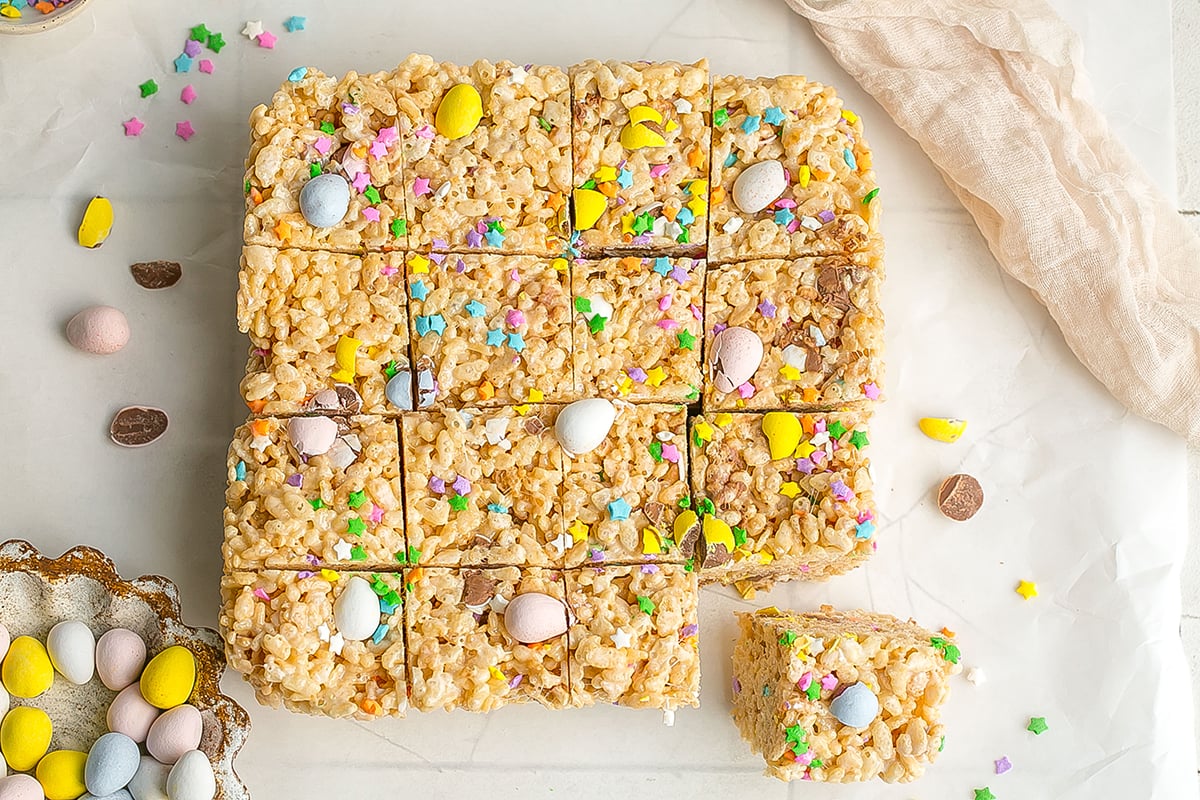 overhead shot of cut easter rice krispie treats