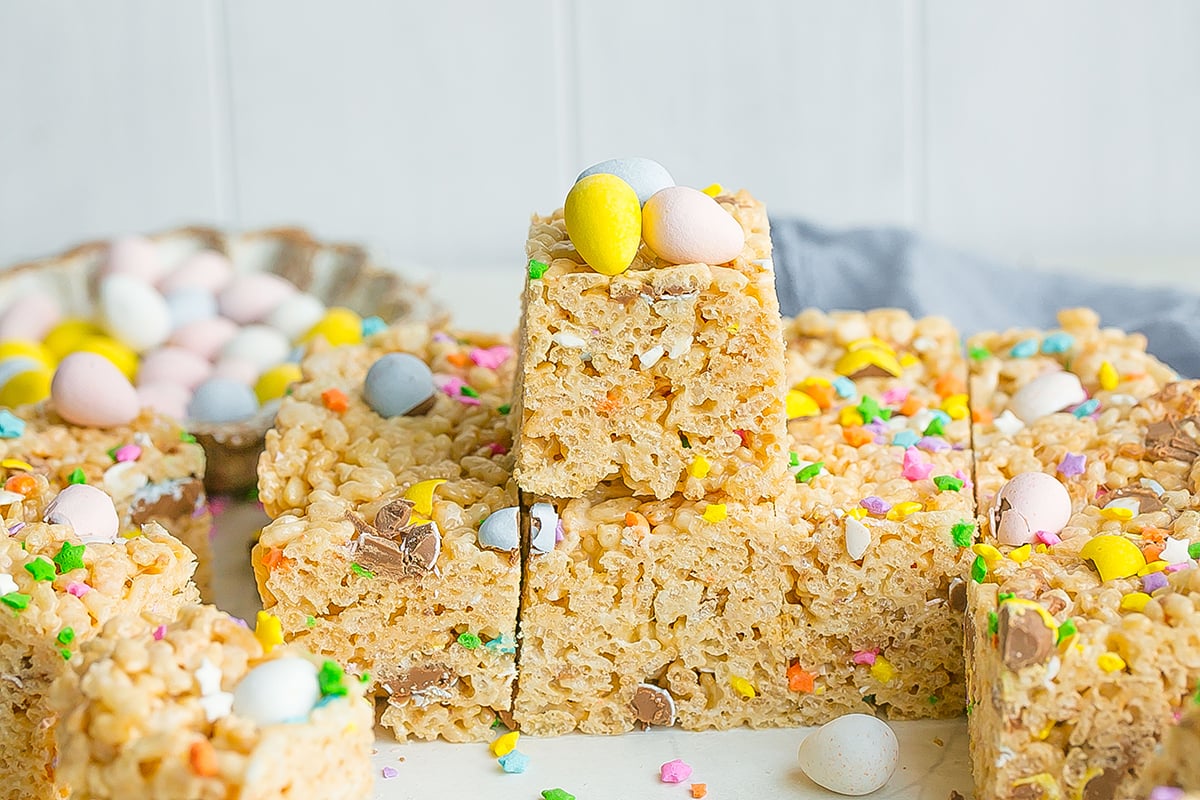 straight on shot of stacked rice krispie treats