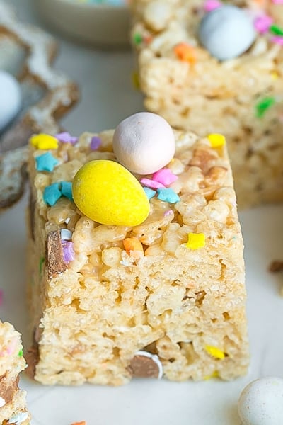 angled shot of rice krispie treat square