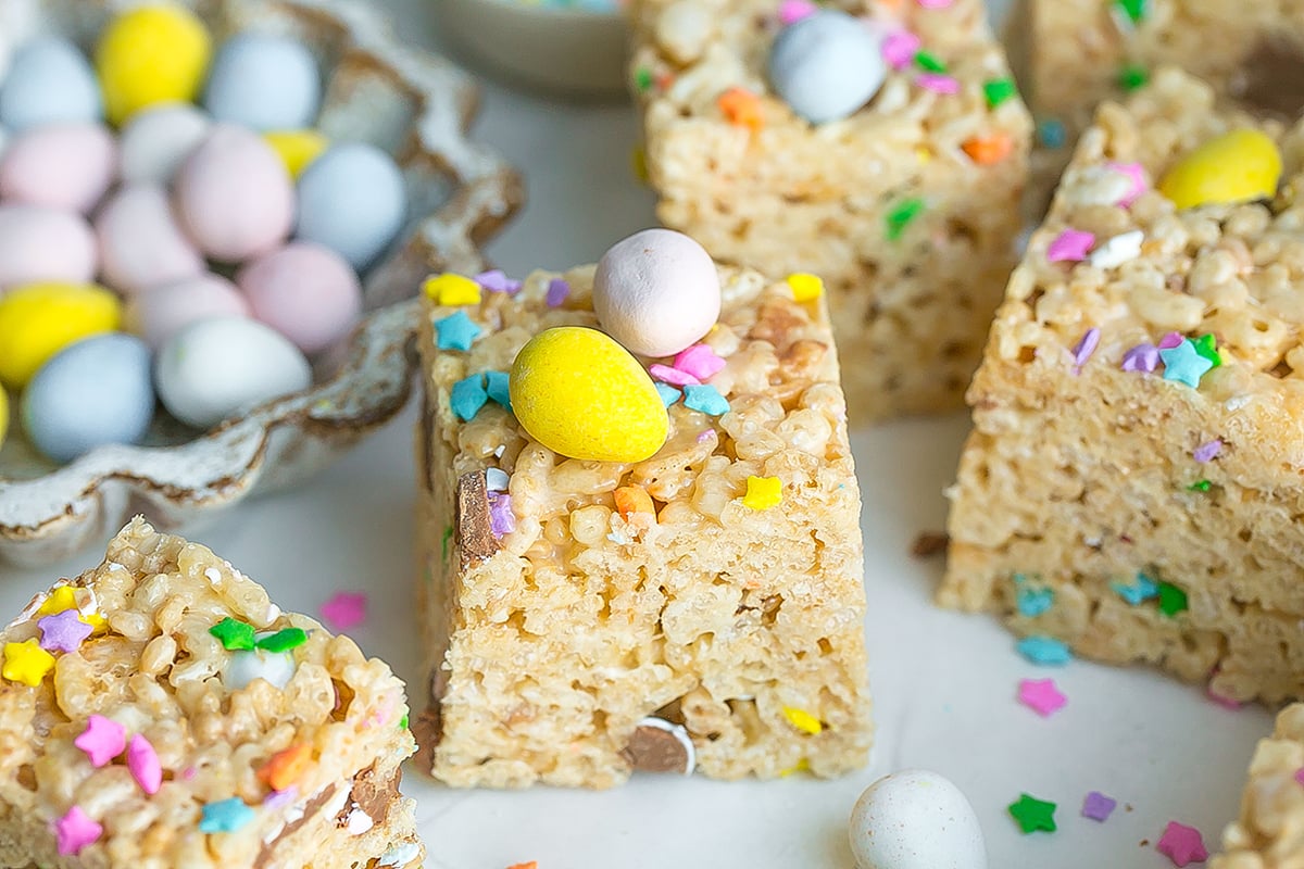 angled shot of rice krispie treat square