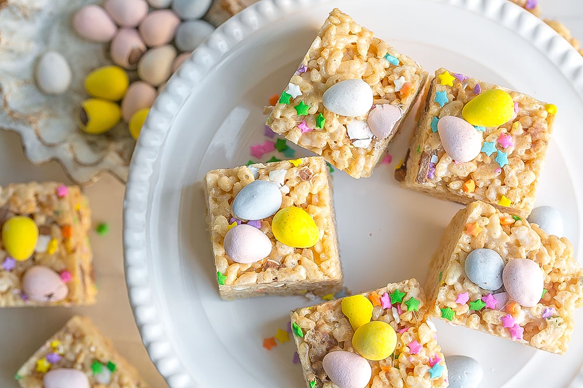 overhead shot of plate of rice krispie treats