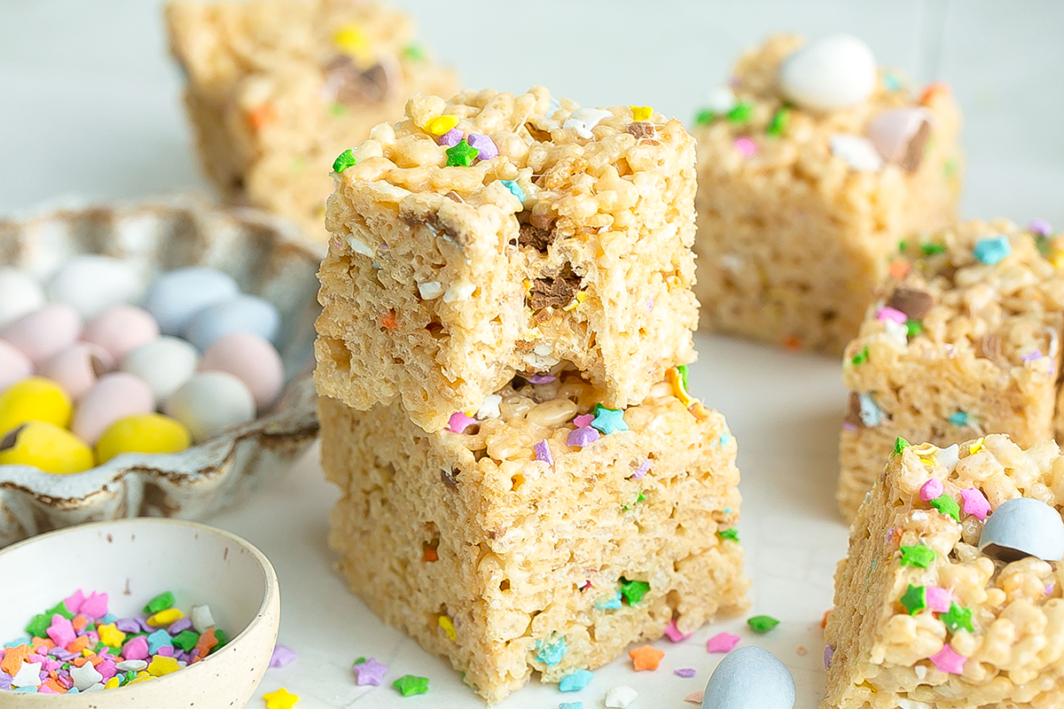 bite taken out of stack of rice krispie treats