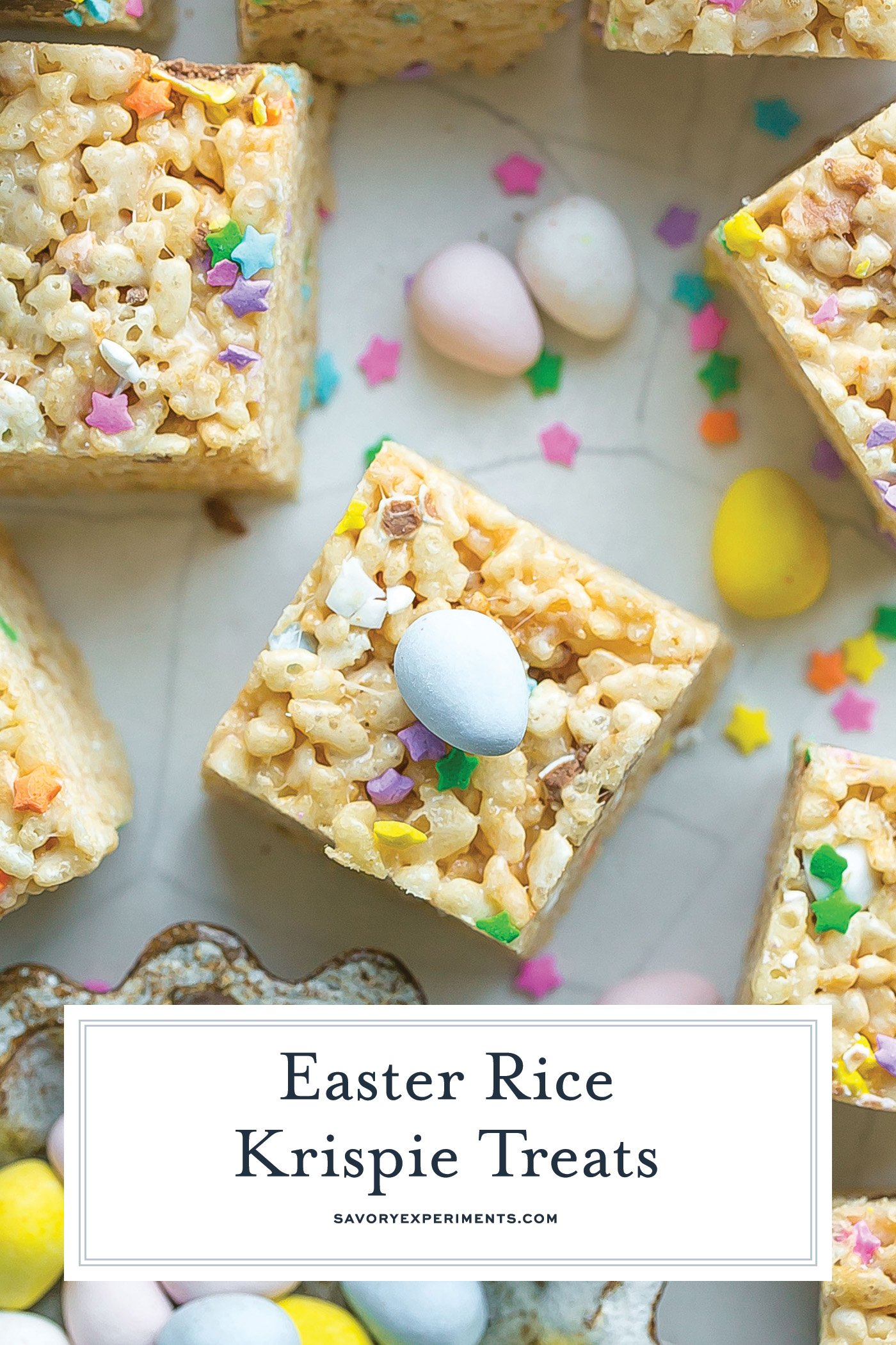 rice krispie treat topped with robin egg with text overlay for pinterest