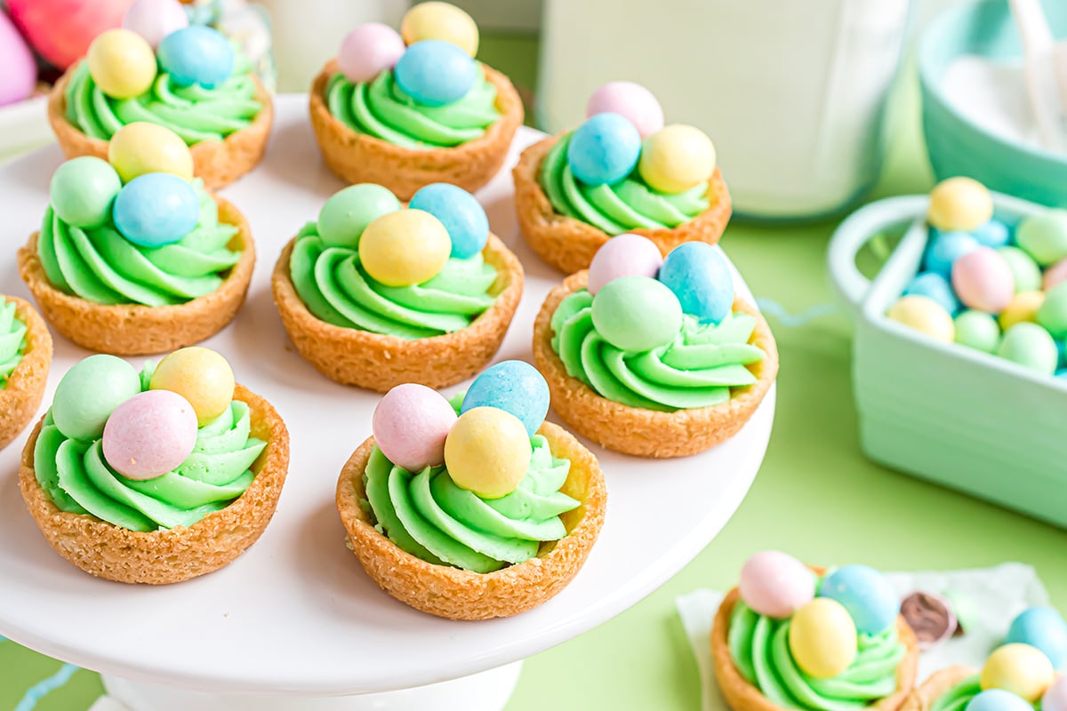 easter sugar cookie cups on a white serving tray