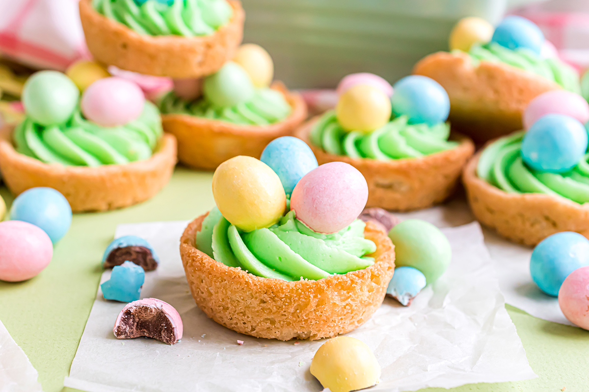 straight on shot of one easter sugar cookie cup on parchment square