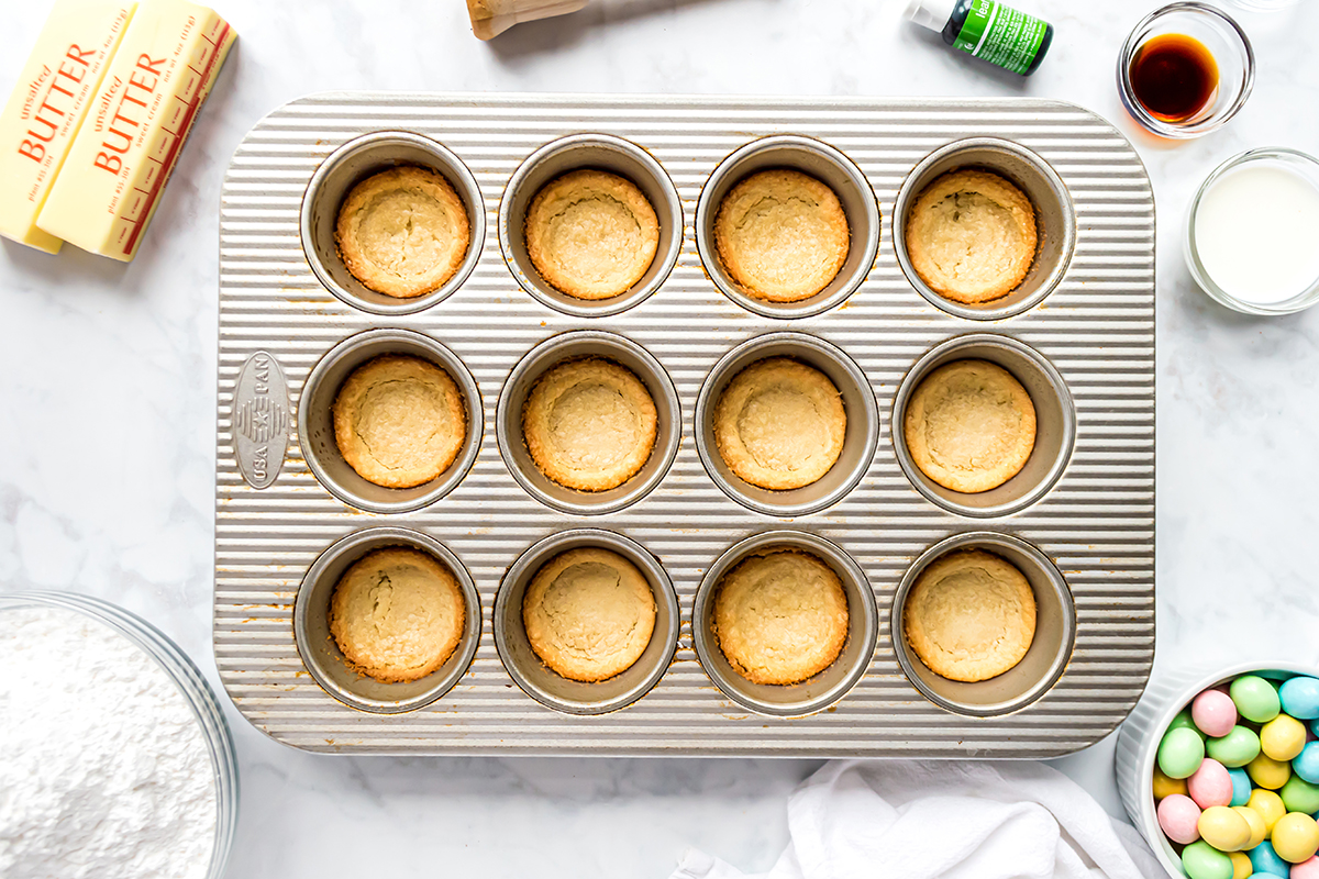 overhead shot of cookie cups in muffin tin