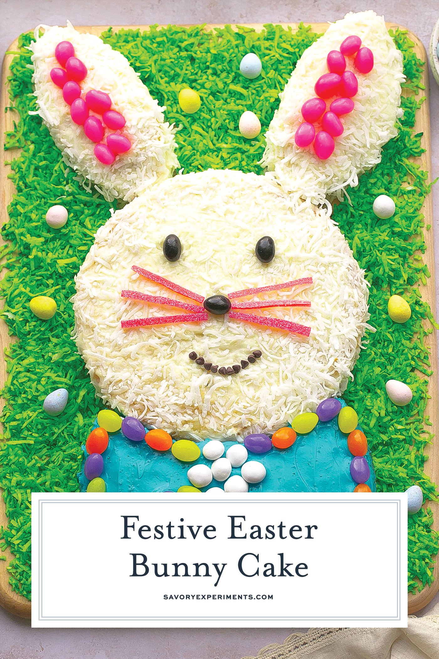 overhead shot of easter bunny cake with text overlay for pinterest