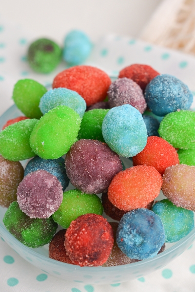 bowl of colored jello grapes