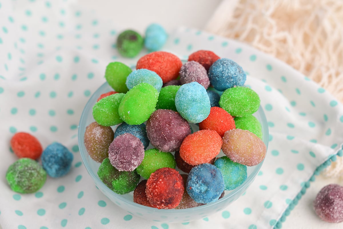 bowl of colored jello grapes