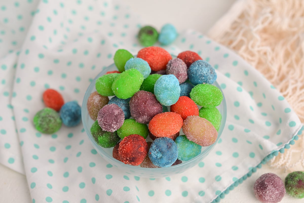 angle shot of viral jello grapes in a bowl