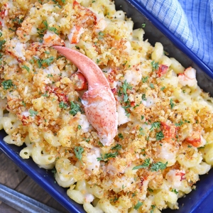 overhead of lobster mac and cheese with large piece of lobster meat on top